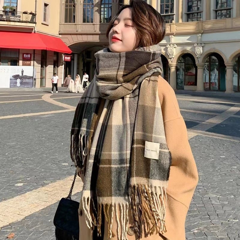 Women's Elegant Minimalist Lattice Imitation Cashmere Tassel Scarf