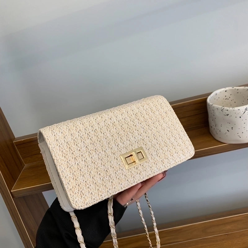 Women's Straw Solid Color Vacation Metal Button Square Lock Clasp Crossbody Bag