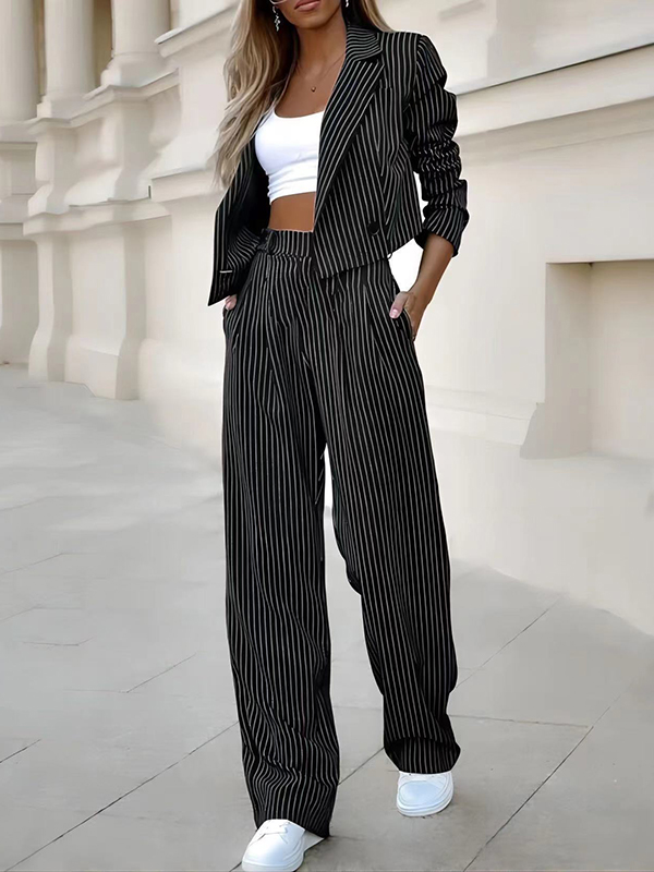Loose Split-Joint Striped Lapel Jacket Outer + Straight Leg Pleated Suit Pants Two Pieces Set
