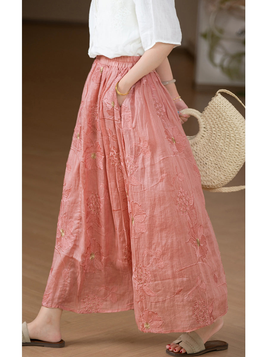 Women Summer Artsy Flower Embroidery 100%Ramie Skirt