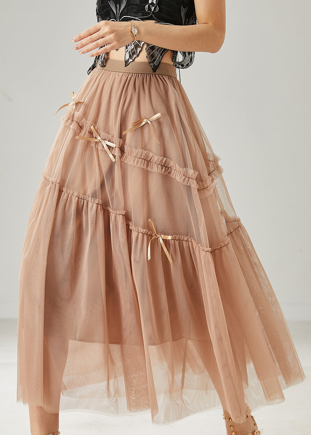 Beautiful Khaki Bow Ruffled Tulle Skirts Summer