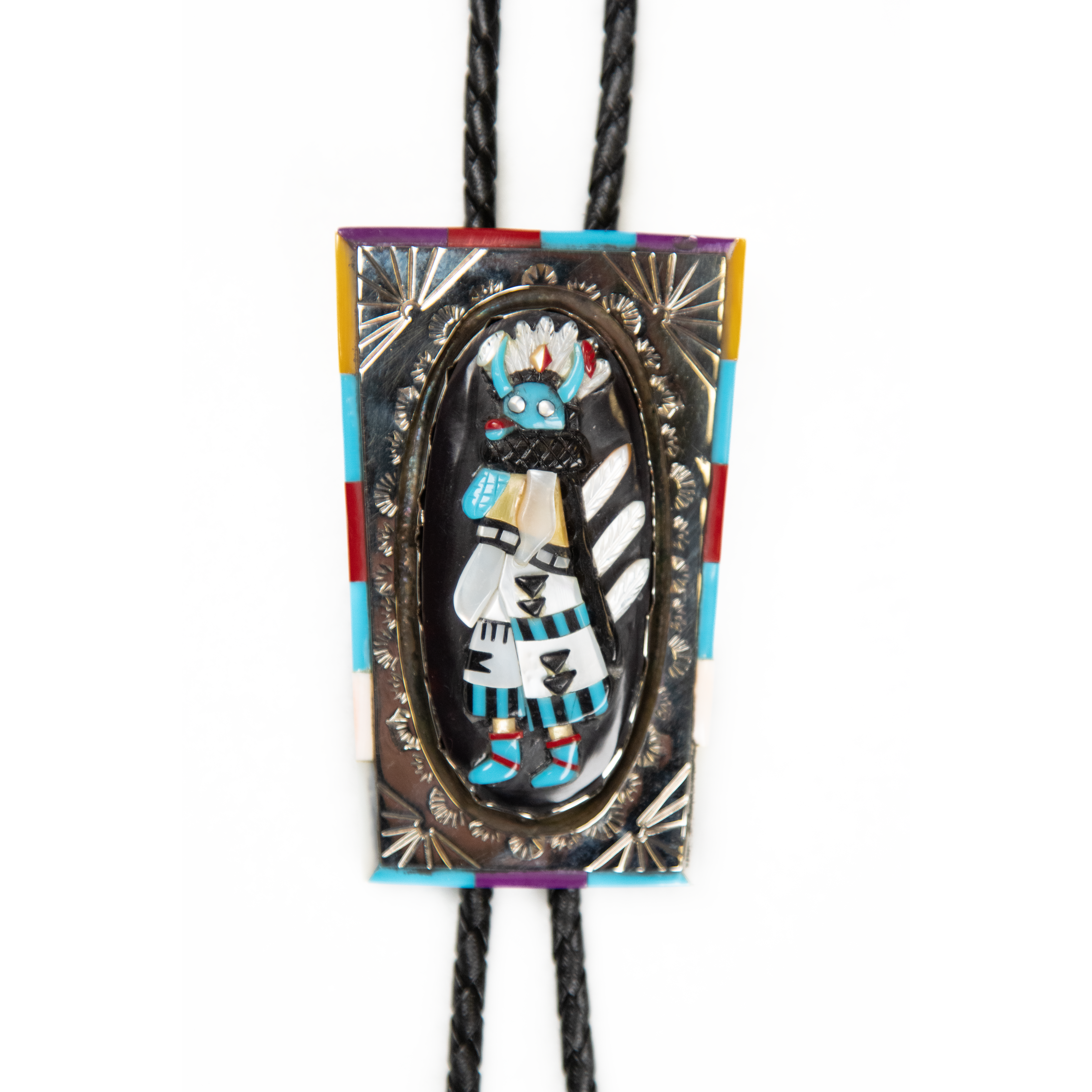 Vintage Stone & Shell Inlay Buffalo Kachina Bolo by Ronnie Calabaza
