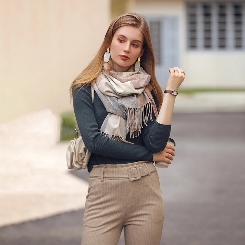 Unisex Lady Lattice Imitation Cashmere Tassel Scarf