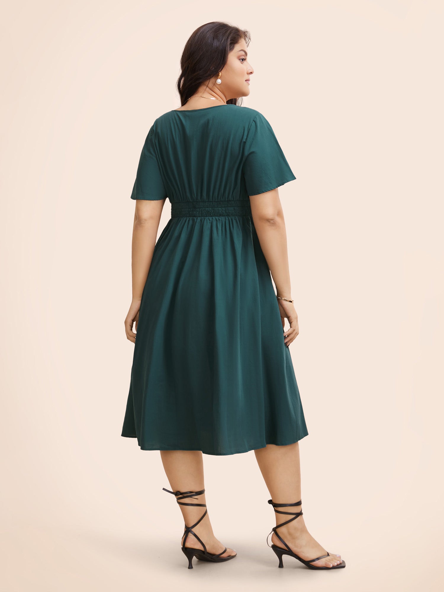 Square Neck Ruffle Sleeve Shirred Dress