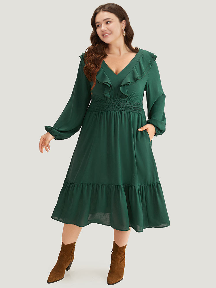 Solid Shirred Ruffle Trim Pleated Dress