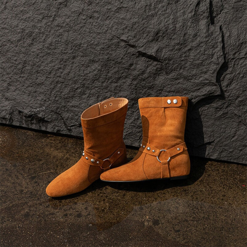 Belted Western Boots Chunky Heel Leather Short Boots in Black /Yellow/Brown