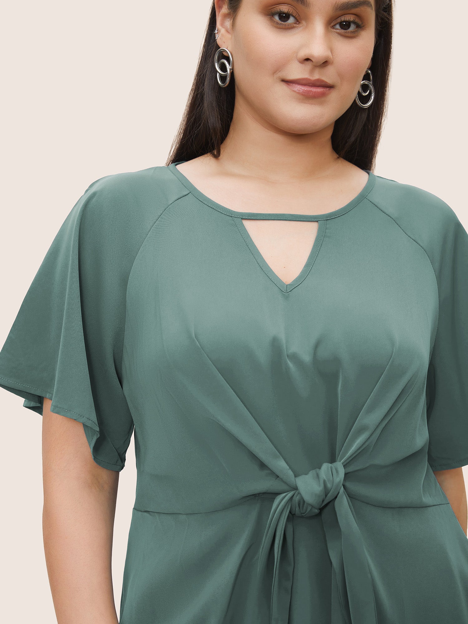 Plain Keyhole Knotted Front Ruffle Sleeve Blouse