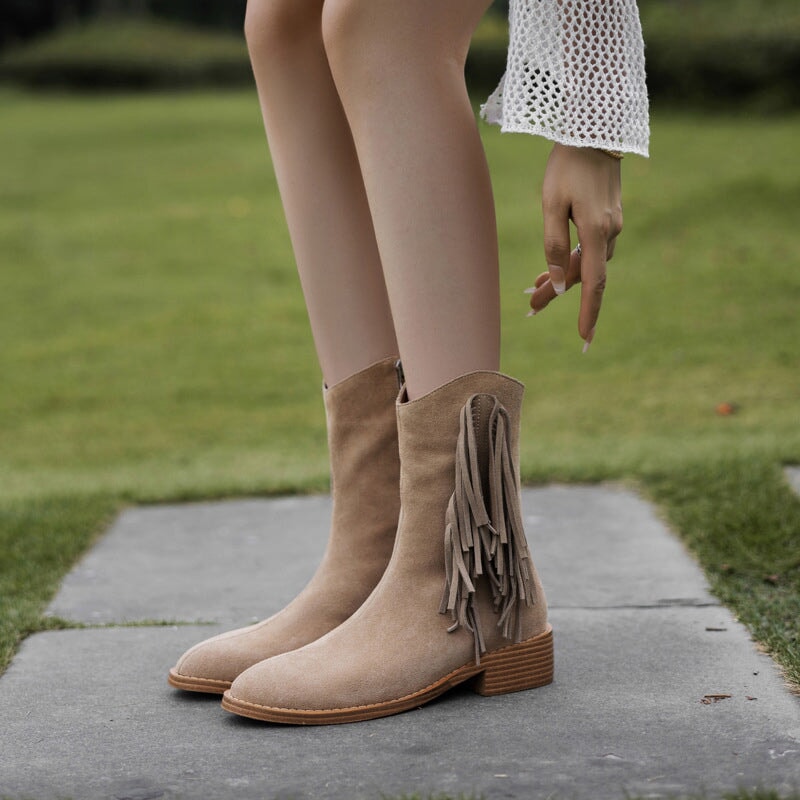 Women's Nubuck?Leather Mid Calf Tassels Boots With Side Zipper In Camel/Khaki