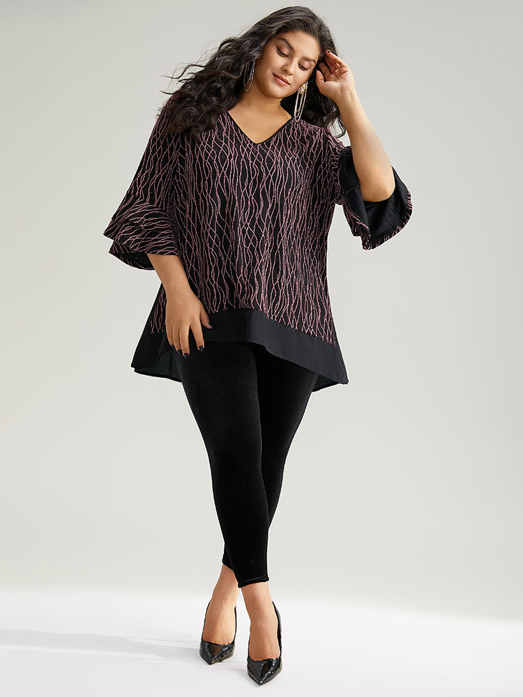Lurex Layered Ruffle Sleeve Patchwork Blouse