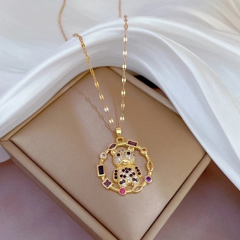 Minimalist Bear Titanium Steel Copper Plating Inlay Zircon Pendant Necklace