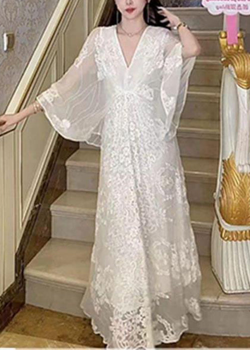 Elegant White V Neck Embroidered Cotton Maxi Dresses Batwing Sleeve