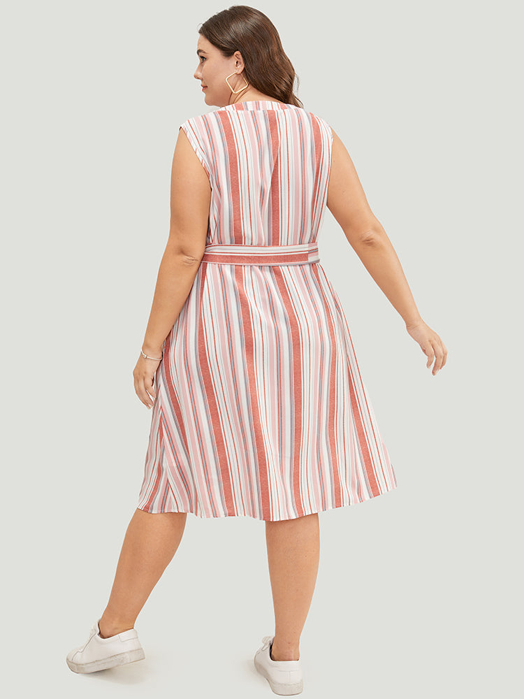 Striped Contrast Belted Pocket Notched Tank Dress