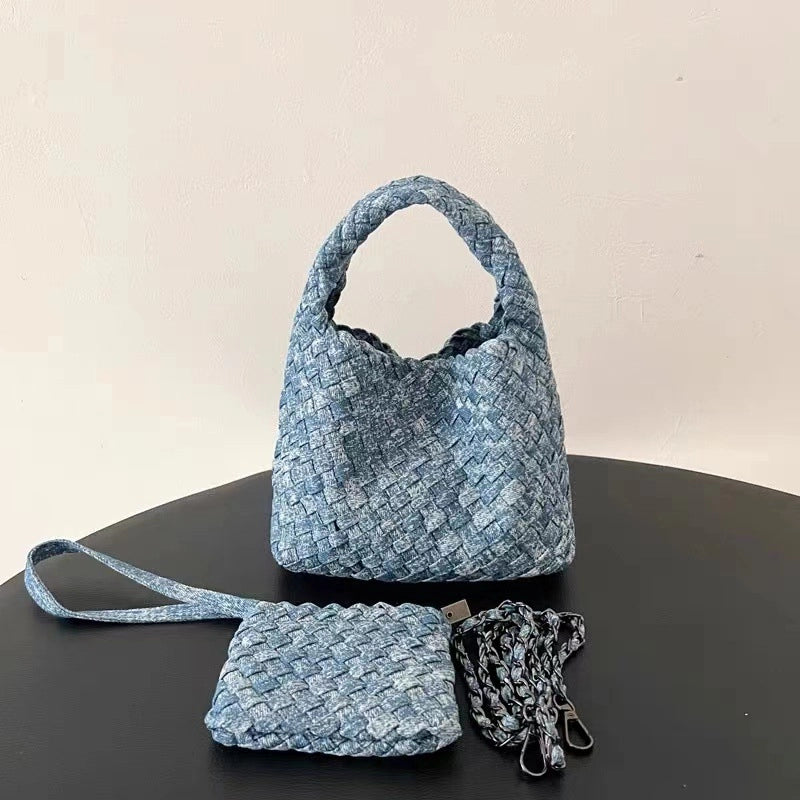 Women's Denim Solid Color Classic Style Weave Bucket Open Shoulder Bag