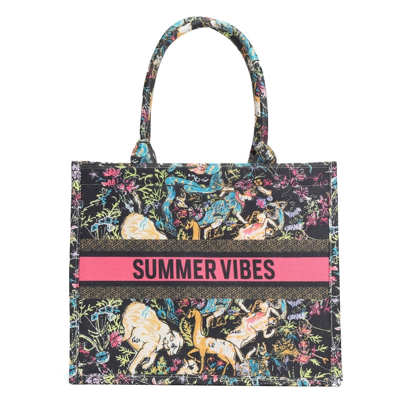 Women's Canvas Animal Letter Flower Elegant Embroidery Square Zipper Tote Bag