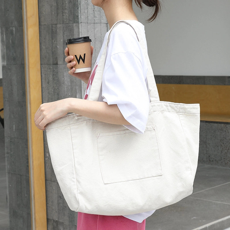 Women's Large Canvas Solid Color Basic Open Canvas Bag