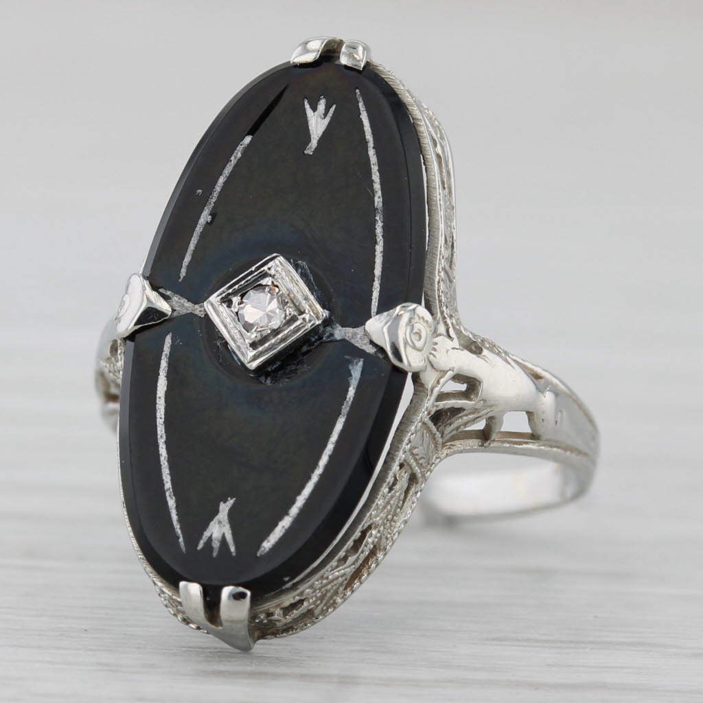 Vintage Onyx Diamond Filigree Ring 14k White Gold Size 5.25