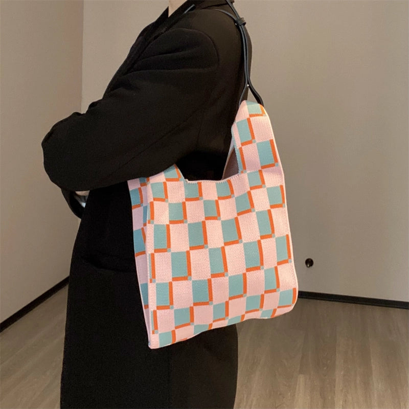 Women's Small Knit Printing Lattice Flower Elegant Classic Style Square Open Handbag