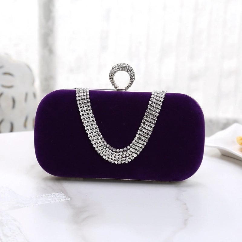 Red Khaki Dark Blue Velvet Solid Color Rhinestone Pillow Shape Clutch Evening Bag