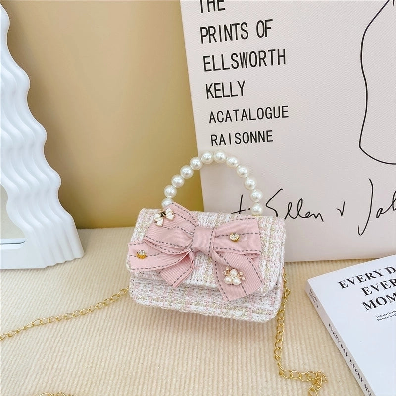 Women's Cotton And Linen Bow Knot Cute Pearls Square Flip Cover Crossbody Bag