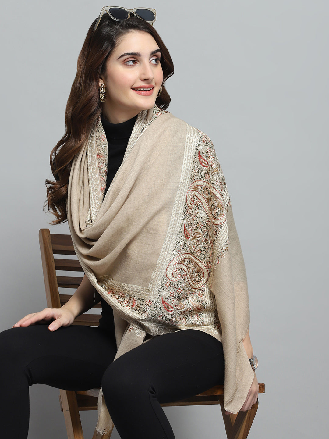 Women Beige Self Design Stole