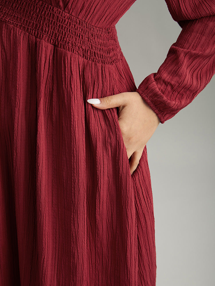 Solid Plisse Button Detail Shirred Dress