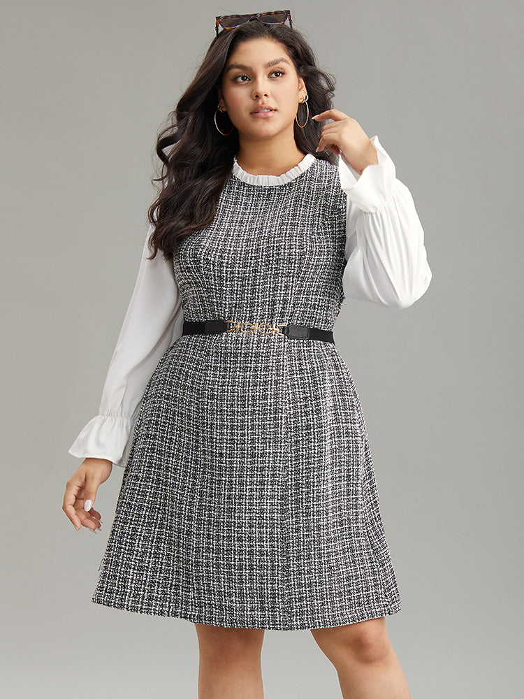 Plaid Patchwork Ruffle Trim Knee Dress