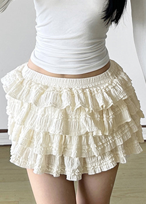 New Beige Wrinkled Elastic Waist Cotton Skirt Summer