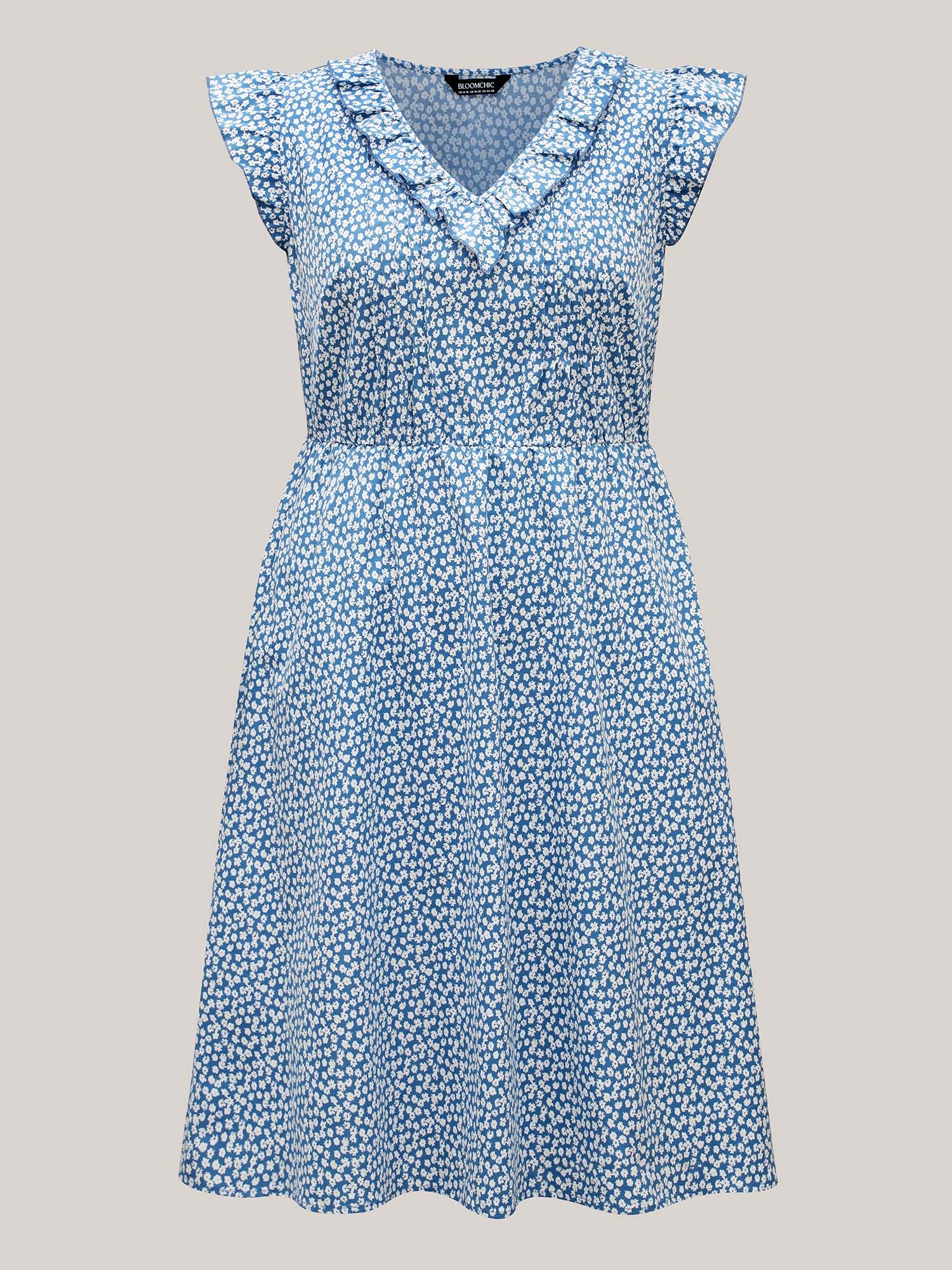 Floral Print Ruffled Neck Midi Dress