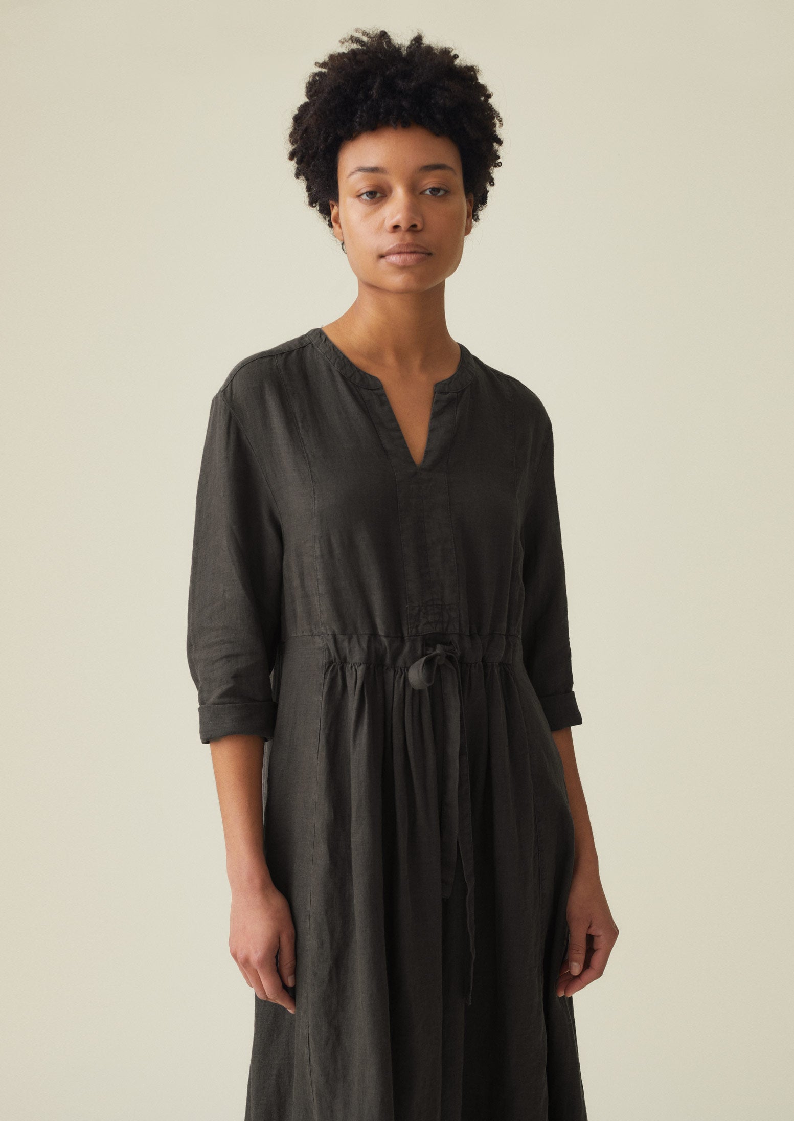 Gathered Garment Dyed Linen Dress | Liquorice