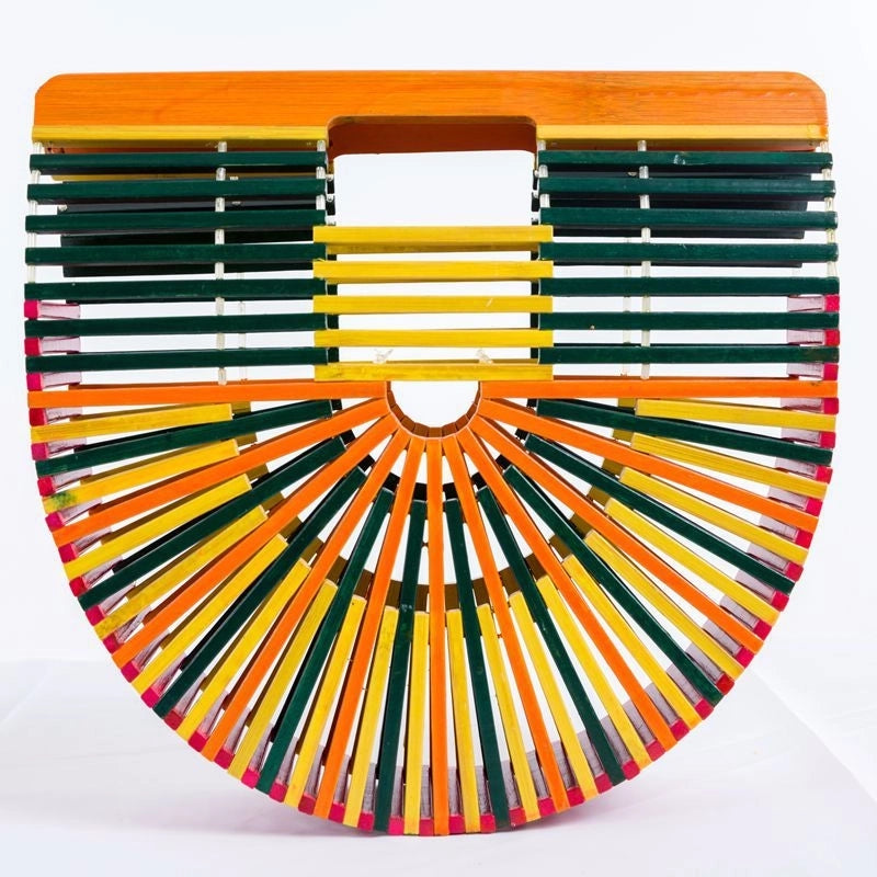 Women's Medium Bamboo Solid Color Vacation Beach Open Beach Bag