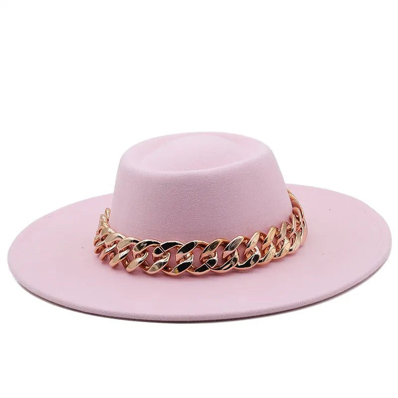 New Retro Ethnic Style 9.5 Brim Wool Woolen Felt Hat Concave Top Men's And Women's Top Hat Large Brim Thick Gold Chain Hat