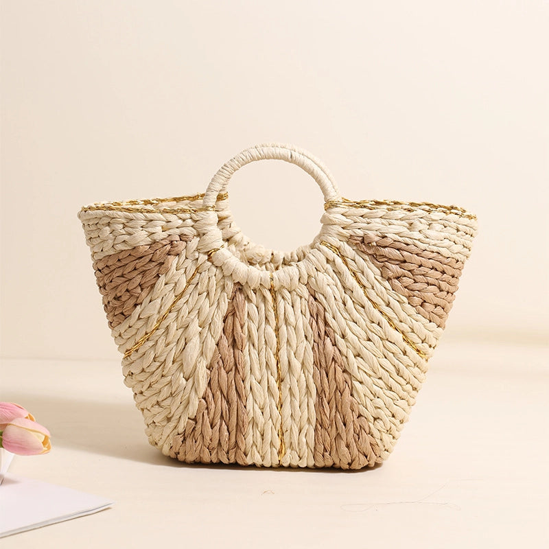 Women's Medium Straw Color Block Vacation Classic Style Weave Bucket Open Straw Bag