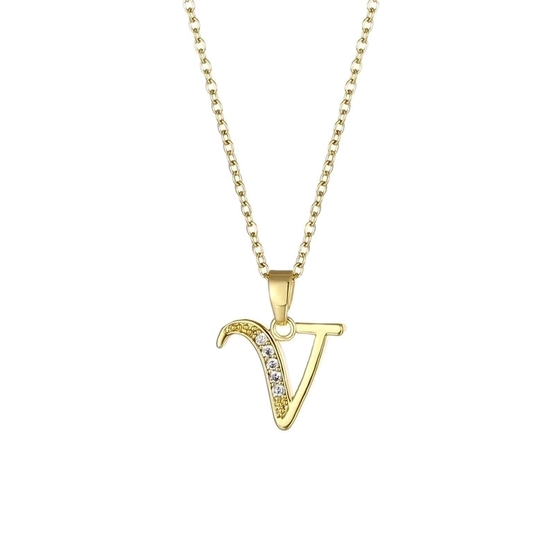Stainless Steel Titanium Steel 18K Gold Plated Fashion Plating Inlay Letter Zircon Pendant Necklace