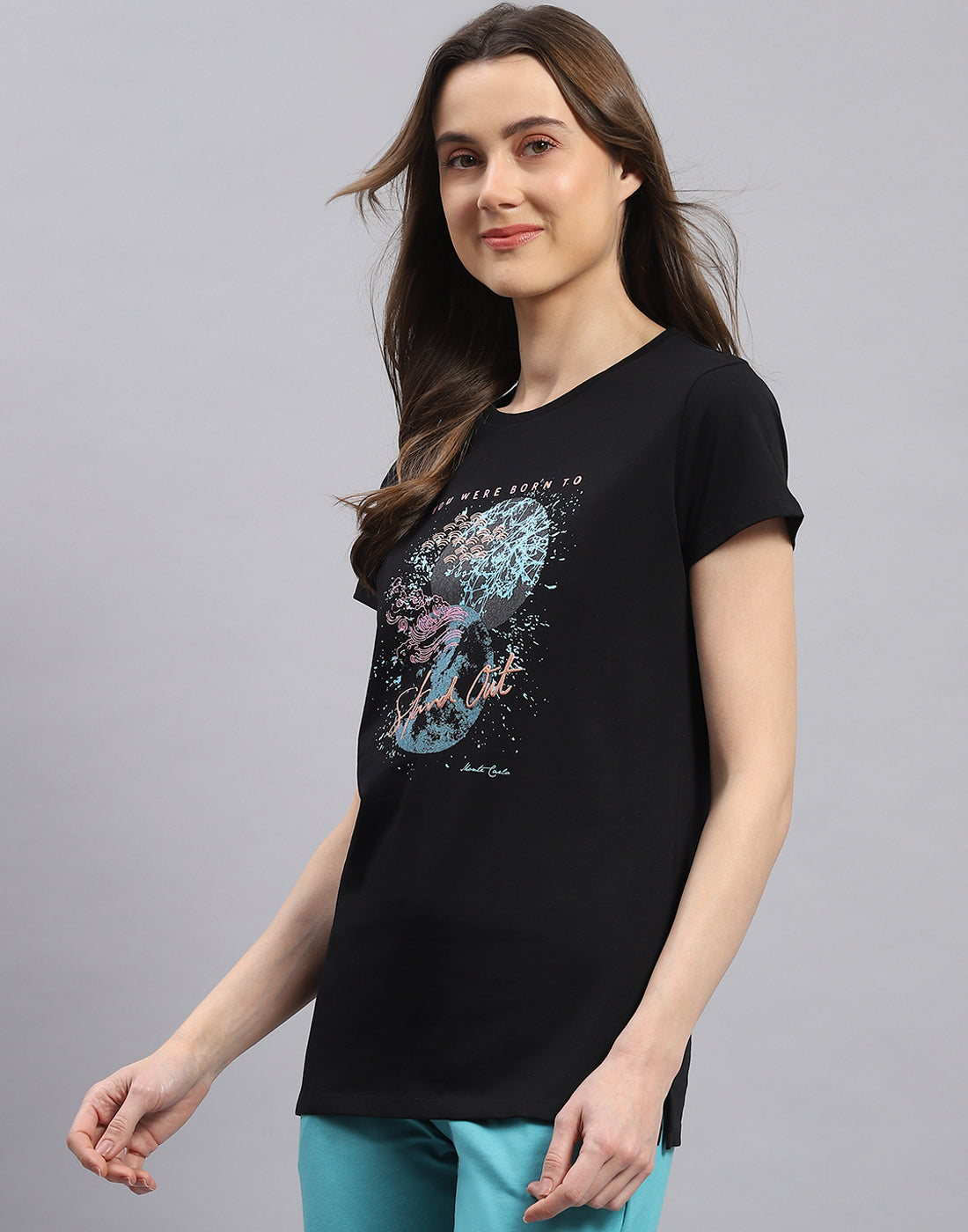 Women Black & Pink Printed Round Neck Half Sleeve Top 2 Pc Set