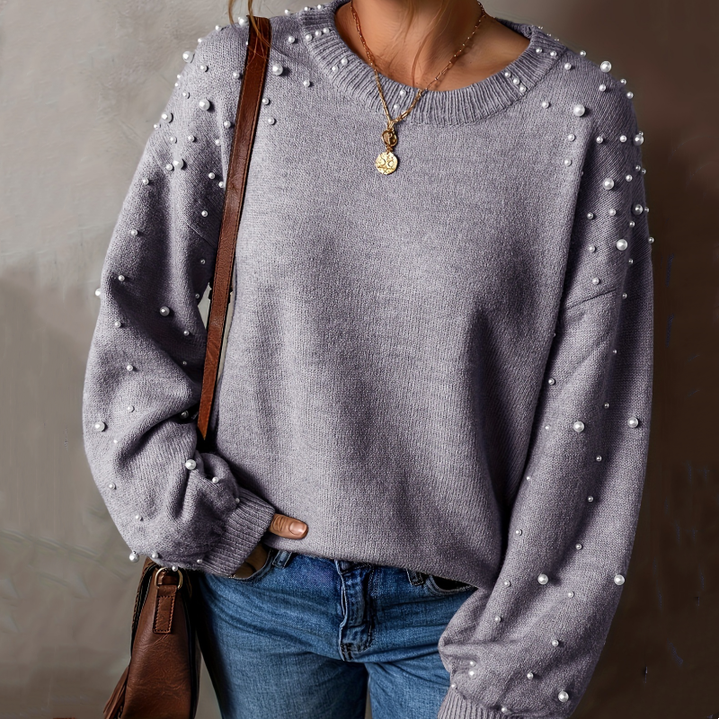 🍃Women's Faux Pearls Round Neck Pullover Sweater