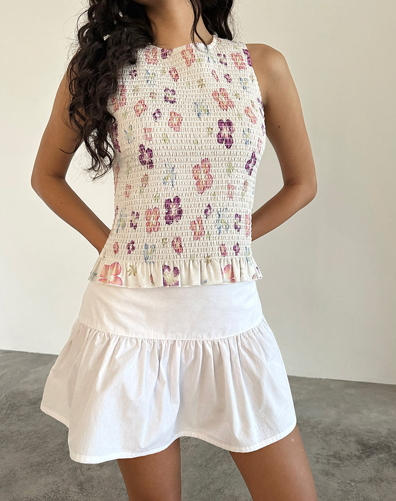 Kagumi Shirred Top in Flower Stamp Purple