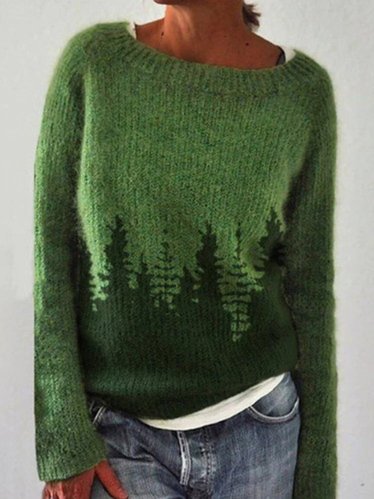 Crew Neck Colorblock Forest Loose Sweater