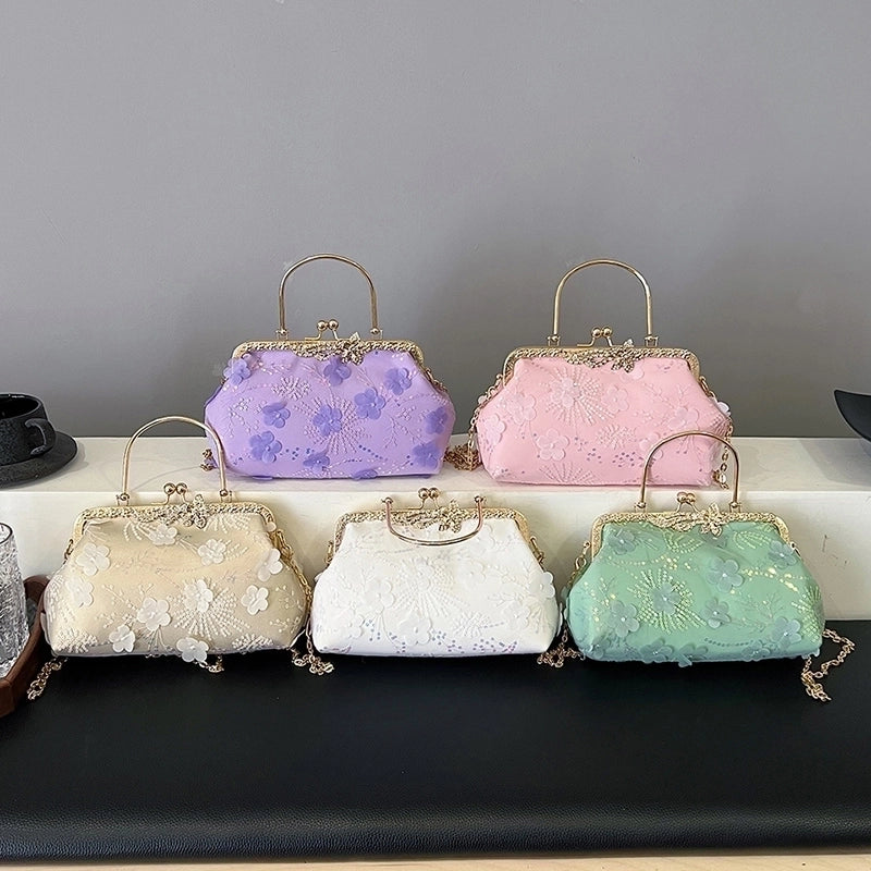 Women's Medium Pu Leather Gauze Flower Classic Style Clasp Frame Crossbody Bag