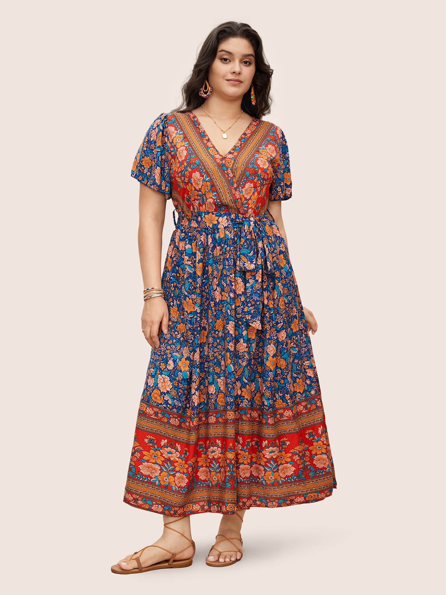 Bandana Surplice Neck Pocket Belted Flutter Hem Maxi Dress