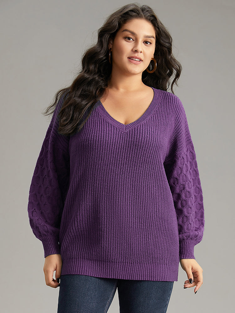 Solid Cable Knit V Neck Drop Shoulder Pullover