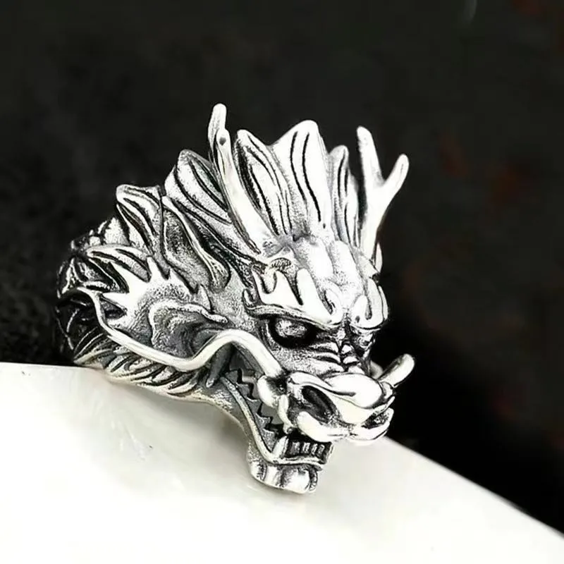 Rinhoo 3d Unique Design Vintage Men's Alloy Ring Dragon Gothic Finger Rings Adjustable Jewelry  Open Animals Ring