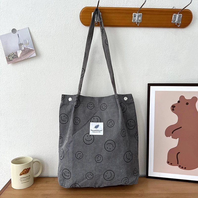 Women's Large Corduroy Smile Face Streetwear Square Magnetic Buckle Handbag