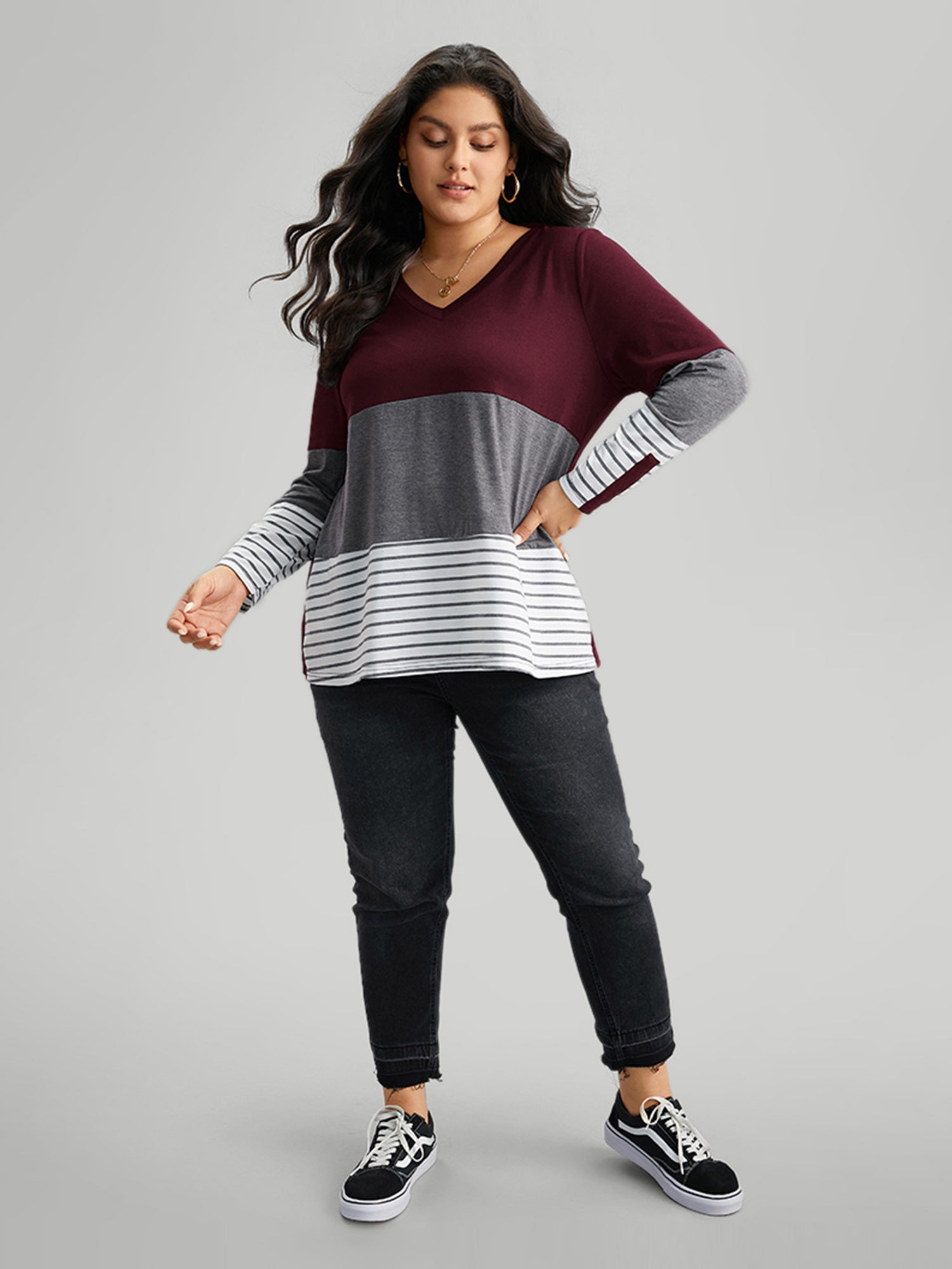 Colorblock Contrast Striped V Neck T-shirt