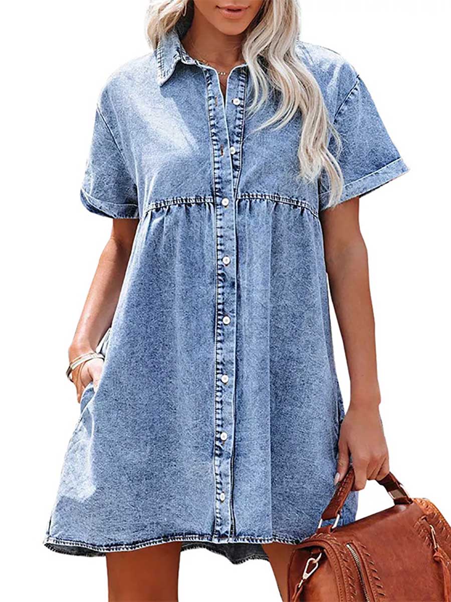 Washed Denim Lapel Loose Sweetheart Ruffle Dress