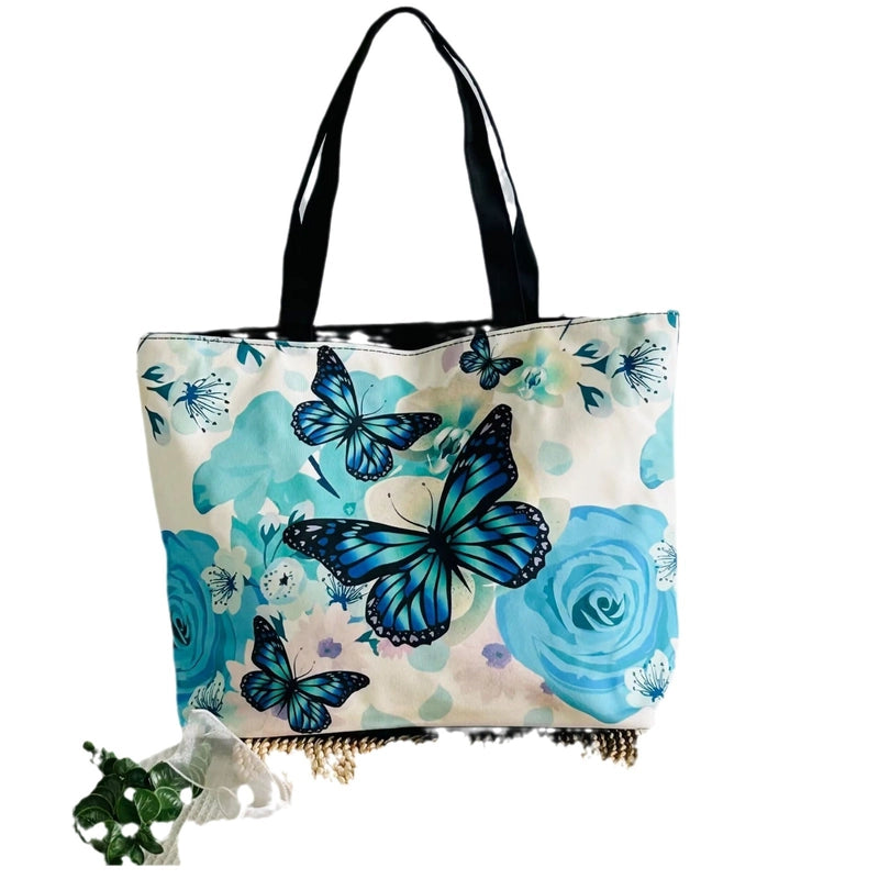Women's Large Canvas Animal Cat Butterfly Basic Classic Style Square Zipper Canvas Bag