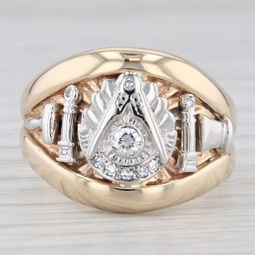 Vintage Past Master Ring 14k Gold Diamond Masonic Signet Cigar Band Size 11.5
