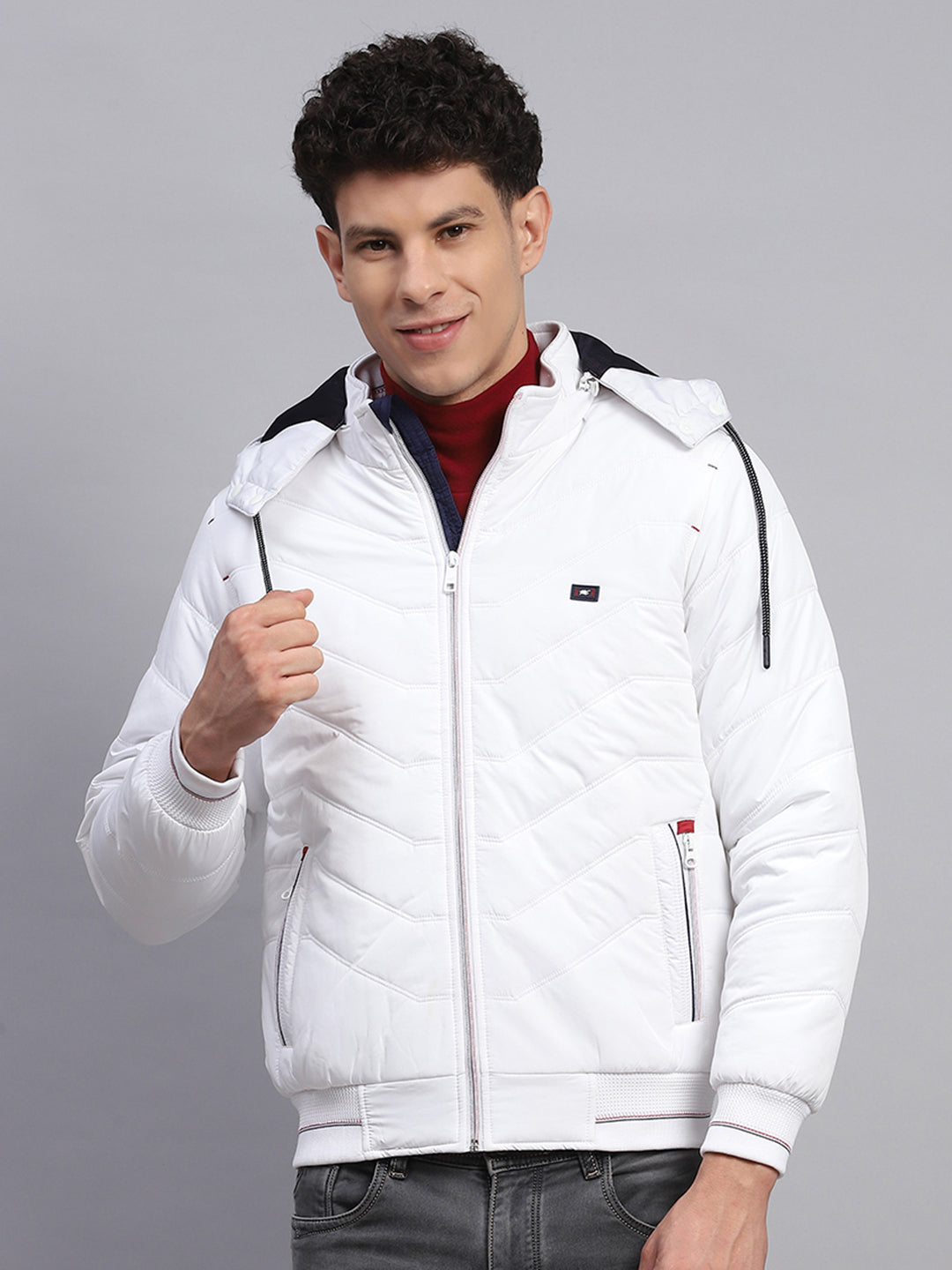 Men White Solid Detachable Hood Full Sleeve Jacket