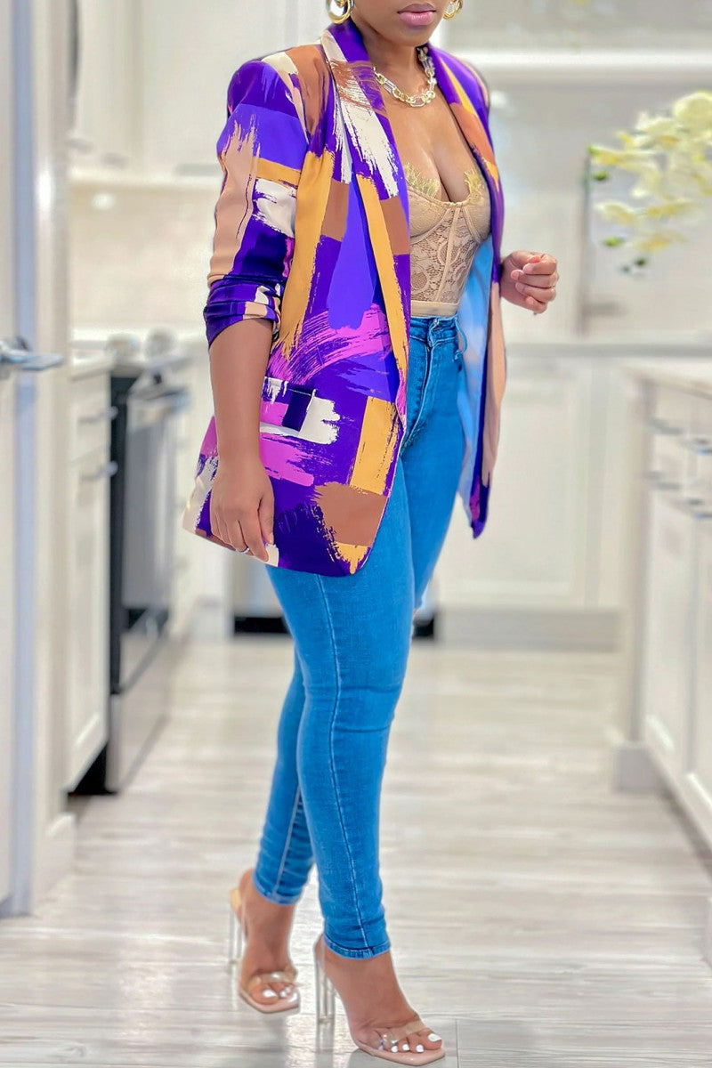 Casual Print Cardigan Turn-back Collar Outerwear