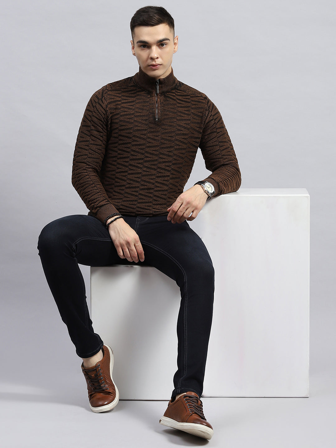 Men Brown Self Design High Neck Full Sleeve Pullover