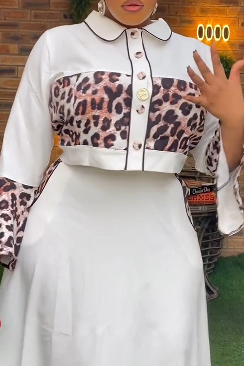 Casual Elegant Leopard Print Buttons Patchwork Turndown Collar Long Sleeve Two Pieces